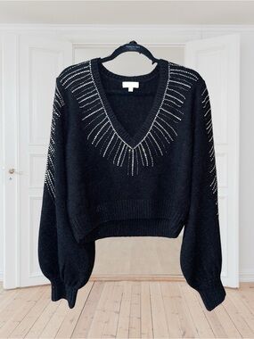 #14 Ronny Kobo Black Crystal-Detail V-Neck Pullover, Size Large